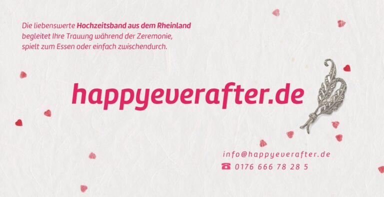 Eine Visitenkarte mit deutschem Text, die für einen Ehering aus dem Rheinland wirbt und von einem Grafikdesigner in Aachen entworfen wurde. Auf der Karte ist die Website „happyeverafter.de“ in kräftigem rosa Text zu sehen, außerdem ein blattförmiger Anhänger, kleine Herzen, die überall verstreut sind, und Kontaktdaten wie eine E-Mail-Adresse und Telefonnummer in der unteren rechten Ecke.