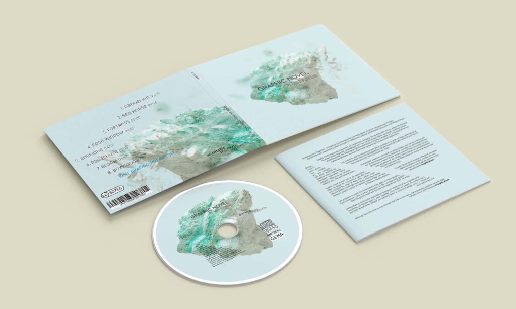 Eine geöffnete CD-Hülle und ihr Inhalt werden auf einer beigen Oberfläche präsentiert. Cover, Booklet und CD zeigen ein grün-weißes abstraktes Design, das einer natürlichen Landschaft ähnelt. Auf der Rückseite sind die Titel in schwarzem Text aufgelistet, einschließlich eines Barcodes und anderer Details in Kleinschrift.