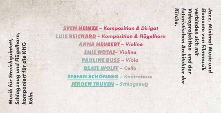 Ein strukturierter Hintergrund mit collageartigem Text mit Namen und Instrumenten von Grafikdesigner Aachen. Die Namen sind Sven Heinze, Luis Reichard, Anna Neubert, Enis Hotaj, Pauline Buss, Beate Wolff, Stefan Schönnegg und Jeroen Truyen. Details zu Musikgenres und Quintett sind enthalten.