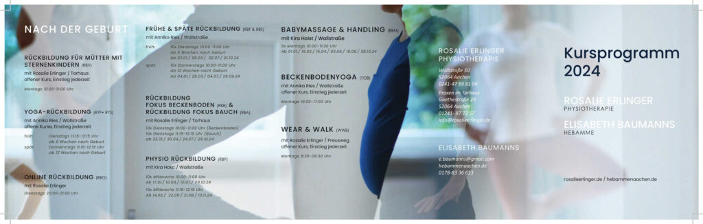 Unscharfes Bild eines Flyers mit dem Titel „Kursprogramm 2024“, der verschiedene postnatale Kurse wie Rückbildung, Babymassage und Beckenboden-Yoga auflistet. Erwähnte Kursleiterinnen sind Rosalie Erlinger und Elisabeth Baumanns. Der Text ist auf Deutsch. Printdesign Aachen verleiht dem Layout eine professionelle Note.